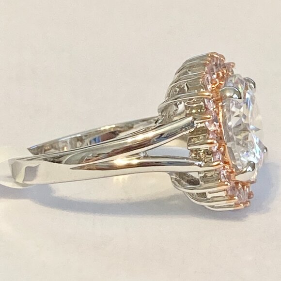 Pink Ice Halo Cocktail Ring Size 8 9 10 Statement Cubic Zirconia Silver Plated - Picture 6 of 10
